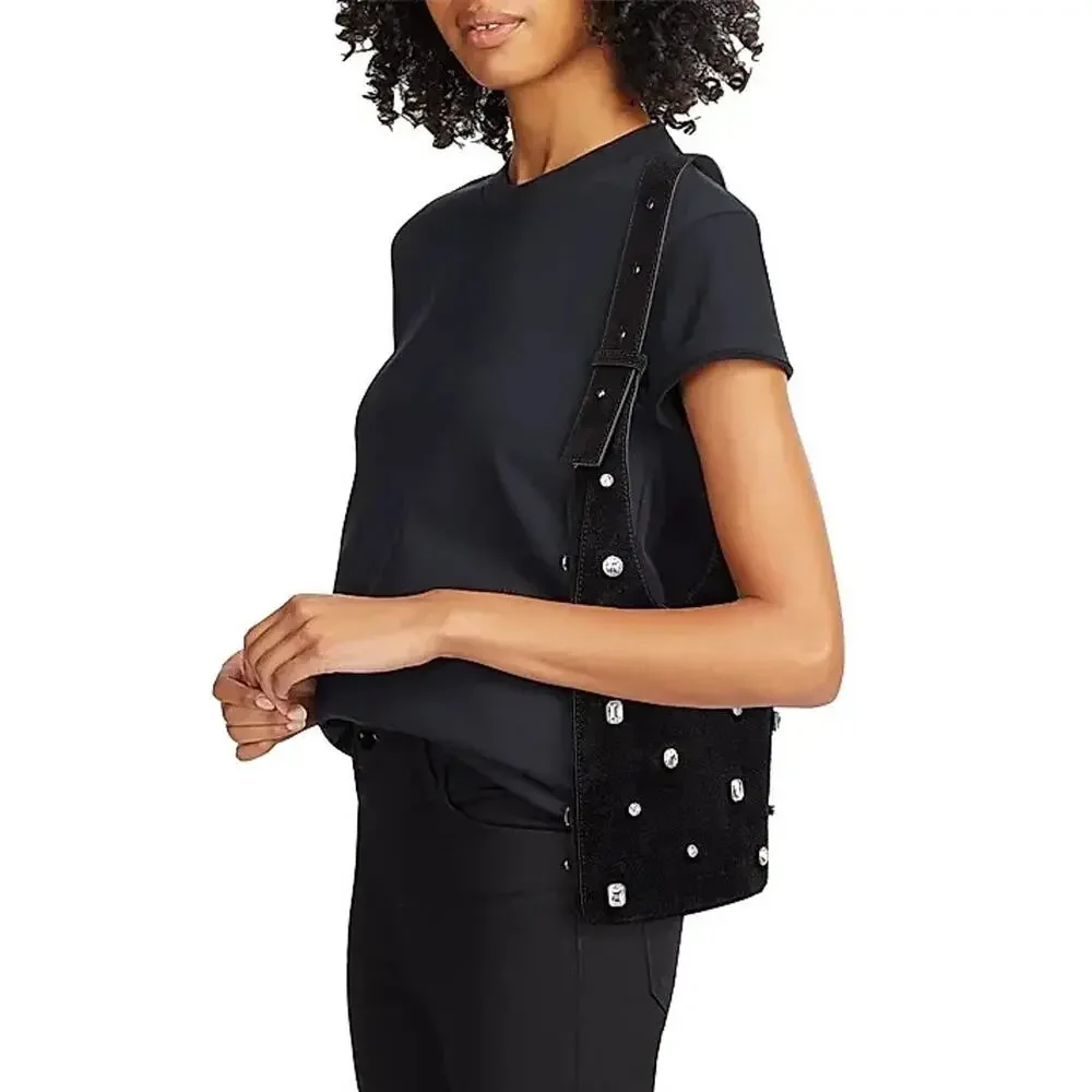 NWT Veronica Beard Small Crystal-Embellished Suede Shoulder Bucket Bag Black